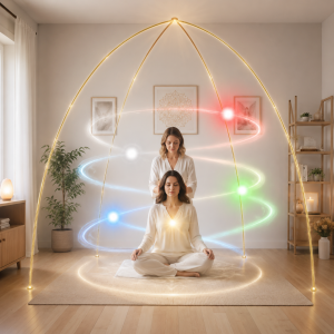 Cupola Dorata di Protezione Angelica – Formazione Professionalizzante in Energie Angeliche Operatore e persona durante una sessione di lavoro energetico all'interno della Cupola Dorata di Protezione Angelica, con spirali di luce colorate che rappresentano il flusso delle Energie Angeliche.