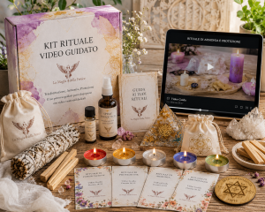 Kit rituale videoguidato con piramide energetica, candele rituali, spray di purificazione, salvia bianca, palo santo, cristalli, manuale e video guida de La Magia della Fenice.