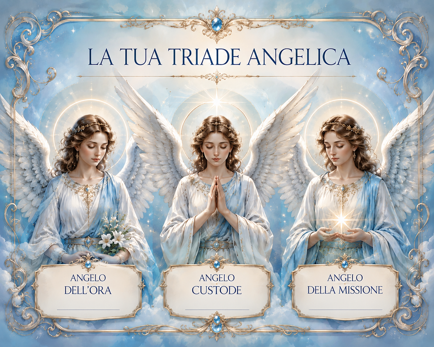 Illustrazione della Triade Angelica con Angelo dell'Ora, Angelo Custode e Angelo della Missione nella Carta Natale Angelica.