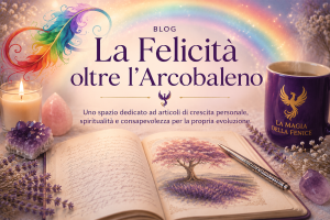 Blog La Felicità oltre l'Arcobaleno con arcobaleno, diario, candela e simboli di crescita personale e spirituale de La Magia della Fenice.