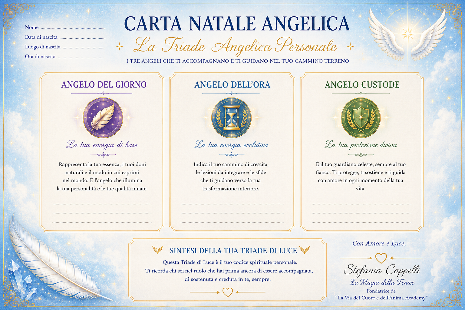 Interpretazione della Triade Angelica Personale con Angelo Custode, Angelo del Giorno e Angelo dell'Ora nella Carta Natale Angelica.