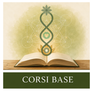 Libro aperto con simbolo energetico della crescita personale e della formazione olistica, immagine rappresentativa dei Corsi Base della Magia della Fenice Academy.