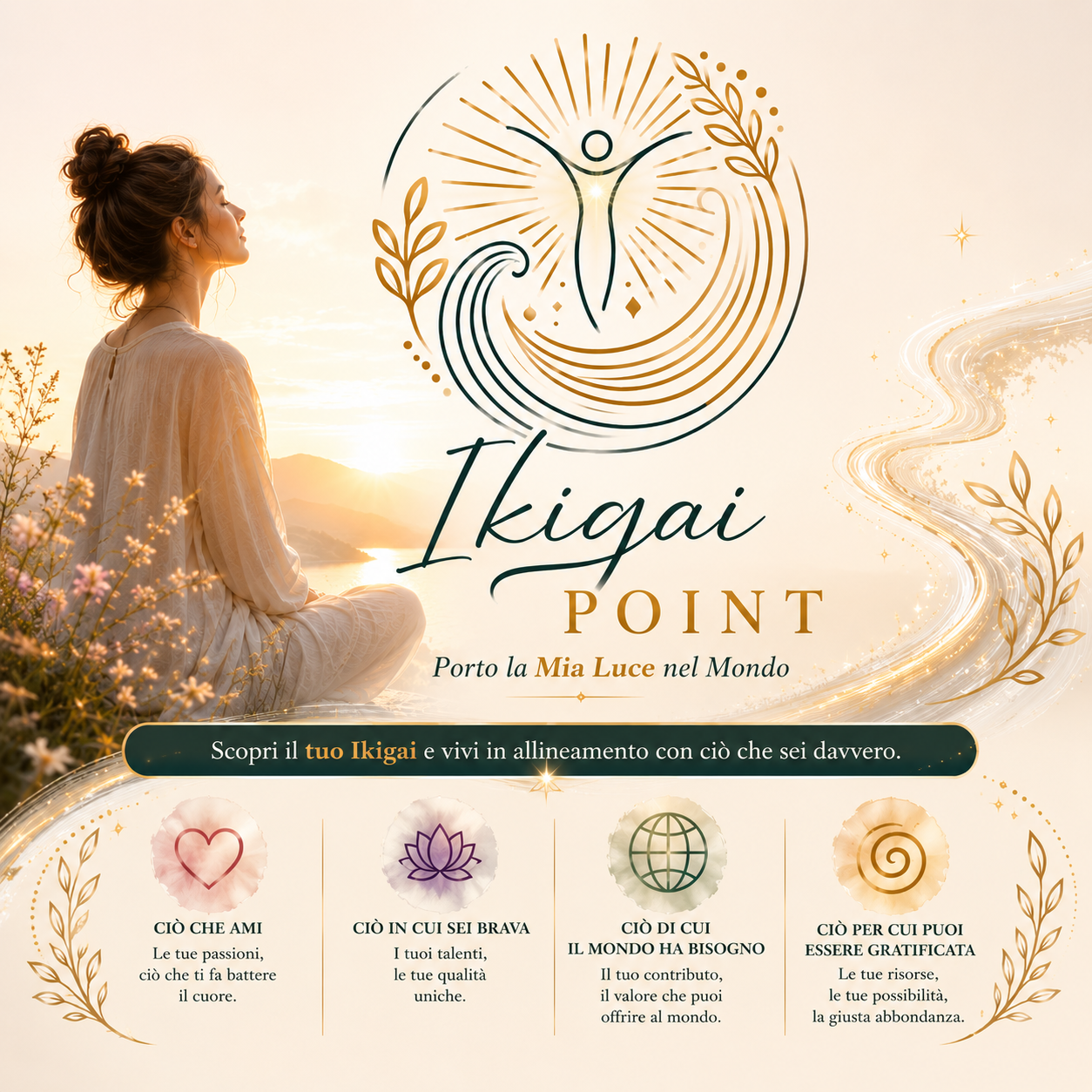 Copertina del corso Ikigai Point – Porto la Mia Luce nel Mondo dedicato alla scoperta del proprio scopo di vita, dei talenti e della realizzazione personale.