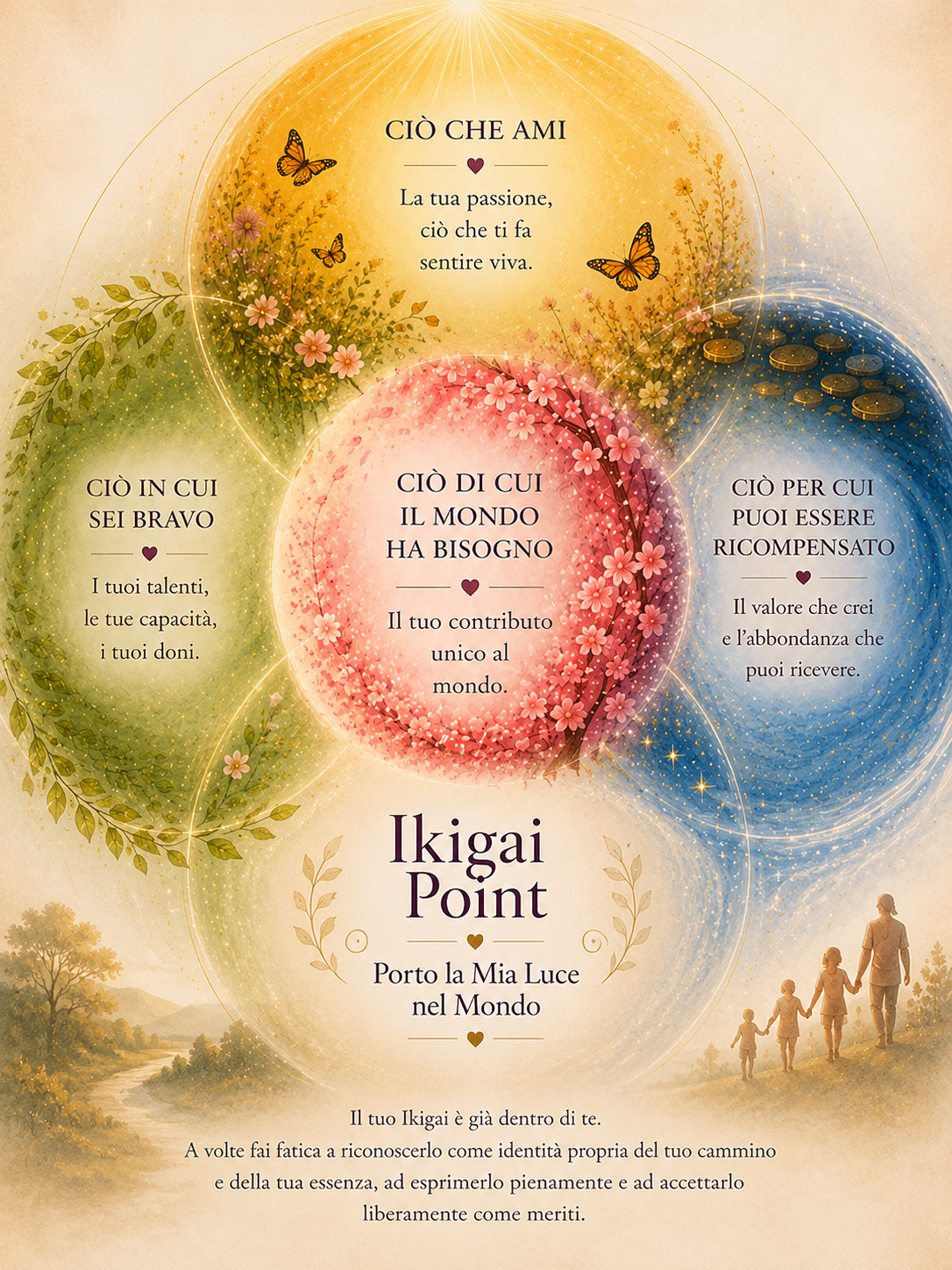 Copertina del corso Ikigai Point – Porto la Mia Luce nel Mondo con schema ispirato all'Ikigai per scoprire il proprio scopo di vita.