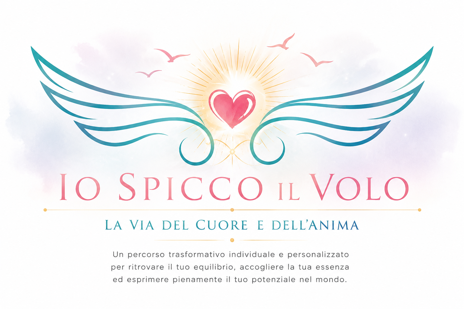 Logo del percorso trasformativo Io Spicco il Volo – La Via del Cuore e dell'Anima di Stefania Cappelli con ali, cuore luminoso e simbolo della crescita personale.