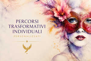 Figura femminile con maschera veneziana in stile acquerello, simbolo del percorso di trasformazione interiore e dei Percorsi Individuali Personalizzati de La Magia della Fenice.