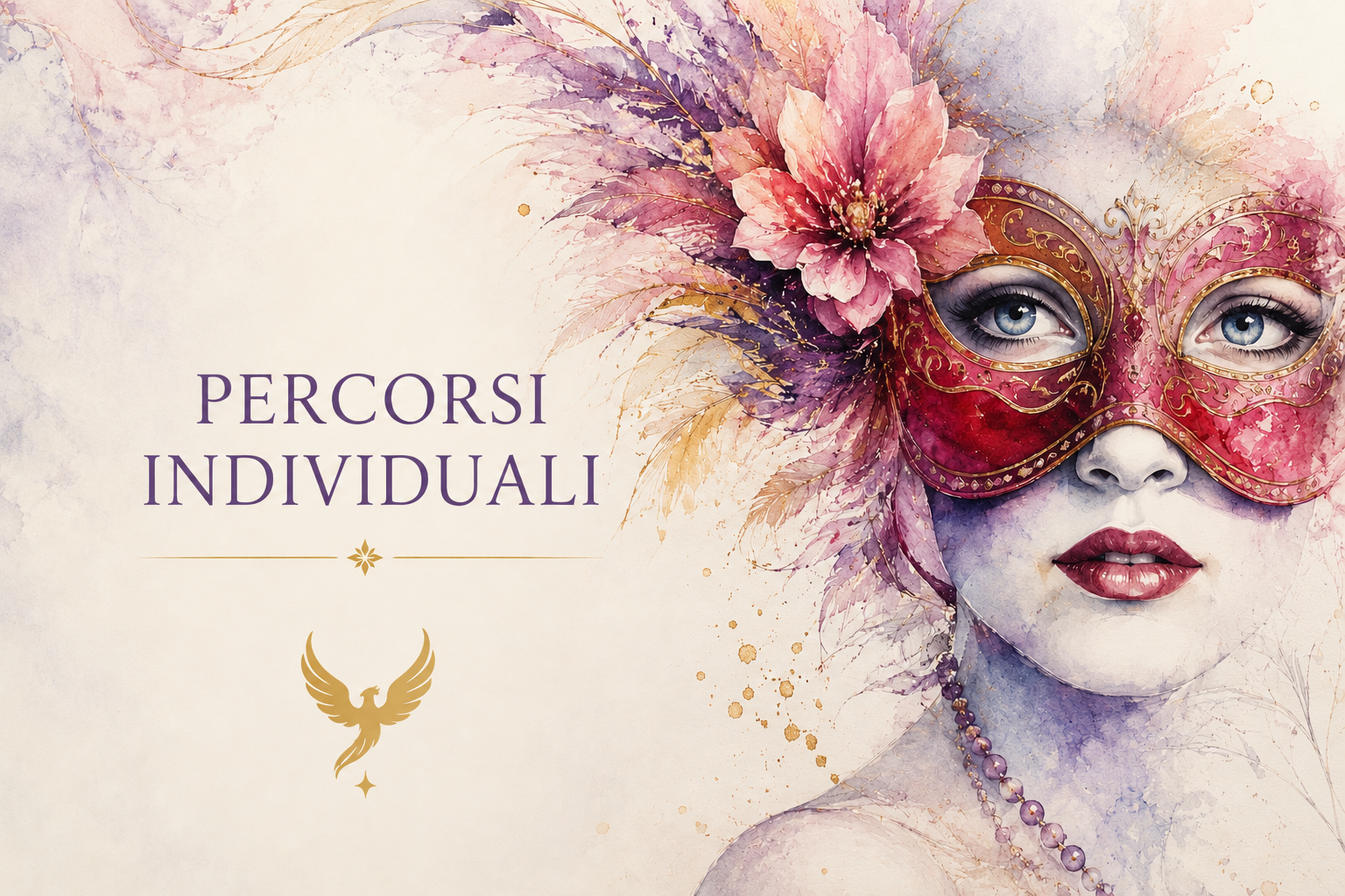 Figura femminile con maschera veneziana in stile acquerello, simbolo del percorso di trasformazione interiore e dei Percorsi Individuali Personalizzati de La Magia della Fenice.