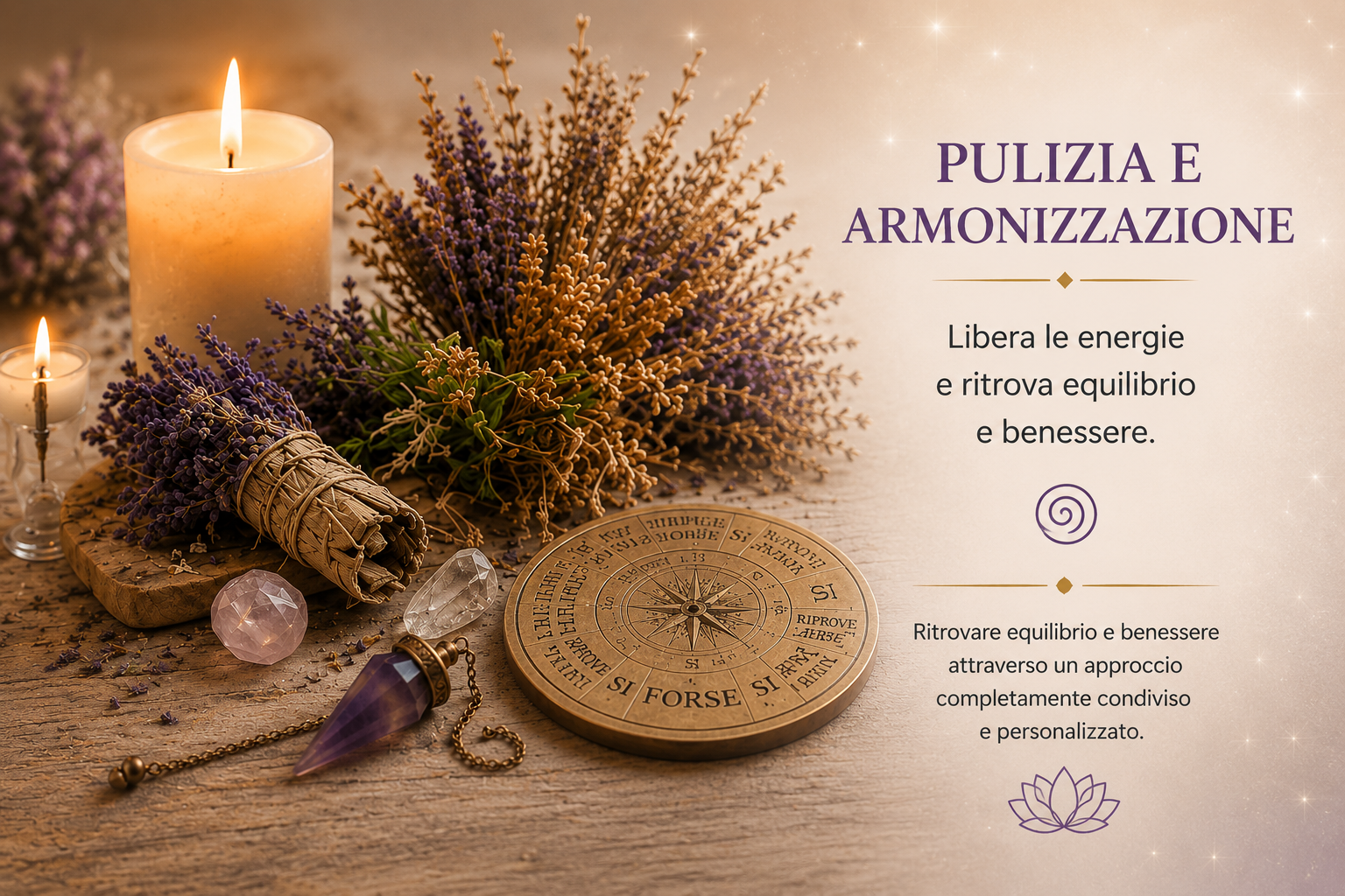 Pulizia e armonizzazione energetica con strumenti di Radiestesia Evolutiva, pendolo, cristalli e quadranti radiestesici.