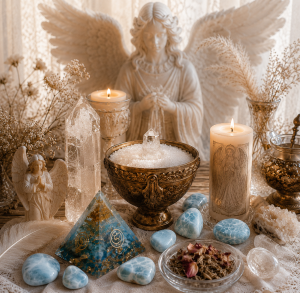 Altare con strumenti per cerimonie e rituali angelici: piramide angelica, candele rituali, coppa rituale, cristalli di Larimar, quarzo e statua dell'angelo de La Magia della Fenice.