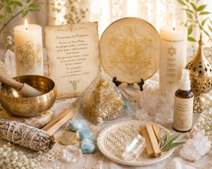 Altare con strumenti per armonia e protezione: piramide energetica, candele rituali, campana tibetana, cristalli di Larimar, salvia bianca, palo santo, spray di pulizia energetica e simboli sacri.