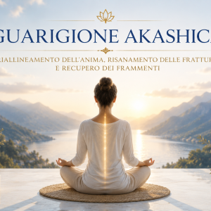 Donna in meditazione con una linea di luce lungo la colonna vertebrale, simbolo della Guarigione Akashica, del riallineamento dell'Anima, del risanamento delle fratture e del recupero dei frammenti dell'Anima.