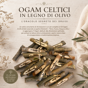 25 Ogam Celtici artigianali in legno di olivo pirografati a mano – L’Oracolo Segreto dei Druidi